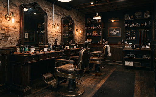 Interior barbershop vintage bernuansa gelap dengan kursi kulit klasik dan cermin berbingkai kayu