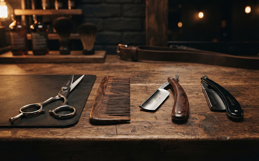Peralatan cukur rambut profesional termasuk gunting baja, sisir kayu, dan pisau lipat di atas meja kayu gelap