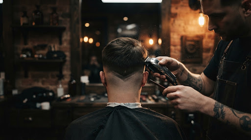 Barber memotong rambut undercut dilihat dari belakang kepala