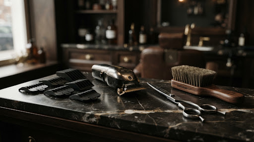 Peralatan clipper gunting presisi di atas baki untuk buzz cut