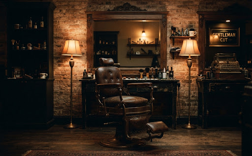 Kursi kulit klasik di barbershop dan cermin sudut dari belakang